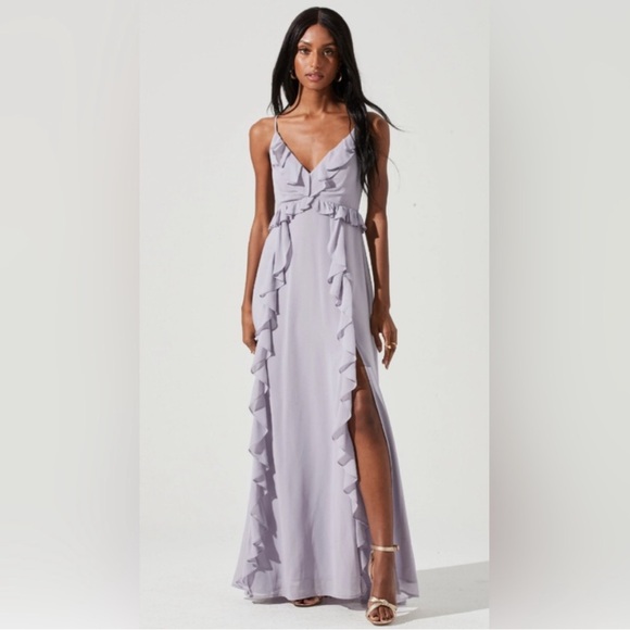ASTR The Label Adoria Ruffled V-Neck Side Slit Chiffon Maxi Dress NEW - Picture 2 of 14